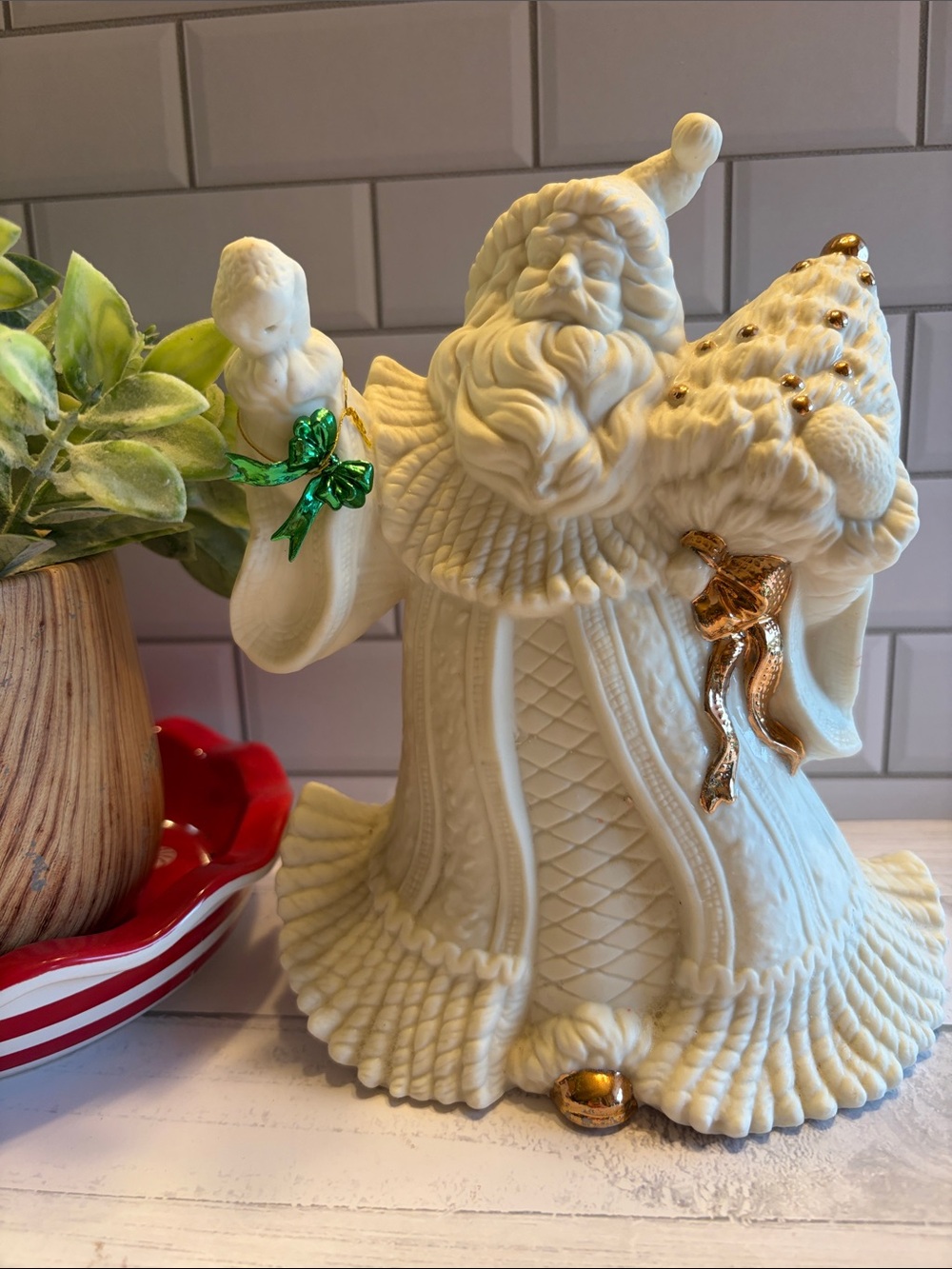 Ivory Ceramic Santa with Gold Accents - Holiday Figurine